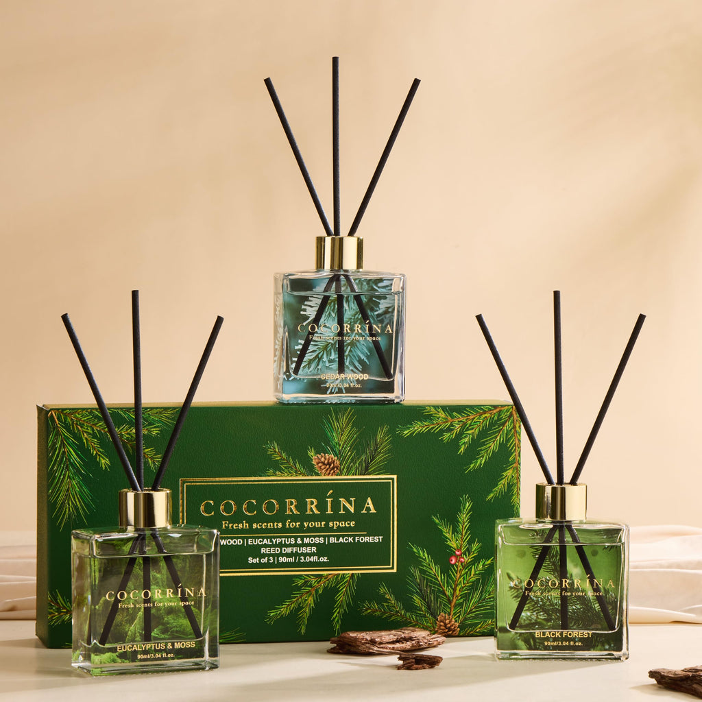 COCORRÍNA Reed Diffuser - 3 Pack/ 90ml with 24 Sticks Reed Diffuser for for House Bedroom Office Decor & Gifts Set (Cashmere Vanilla/Sandalwood Rose/Clean Linen)
