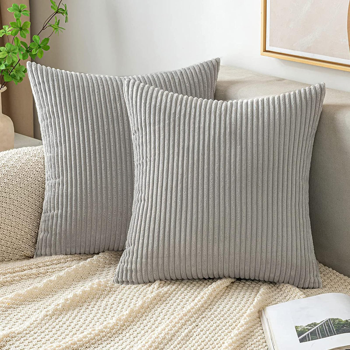Set of 2 Corduroy Cushion Covers 40cm x 40cm,Soft Striped Square Pillow Case,Cushion Case with Invisible Zipper,Home Boho Decor Pillow Cases for Couch Sofa Bedroom,Living Room-Sage Green