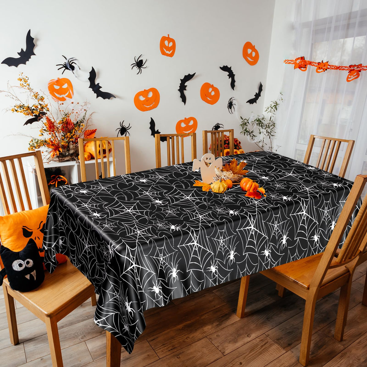 PLULON Halloween Tablecloth 137x 274cm Pumpkin Bat Skeleton Skull Plastic Table Cloth Happy Halloween Table Cover for Holiday Dinner Table Decorations Halloween Party Supplies