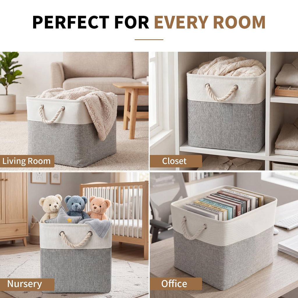 28 x 28 x 28 cm Cube Storage Boxes, 4 Pack Large Collapsible Fabric Storage Bin with Ropes, Foldable Storage Cubes for Home, Office,Closet, Clothes, Toys Organizer (White & Grey)