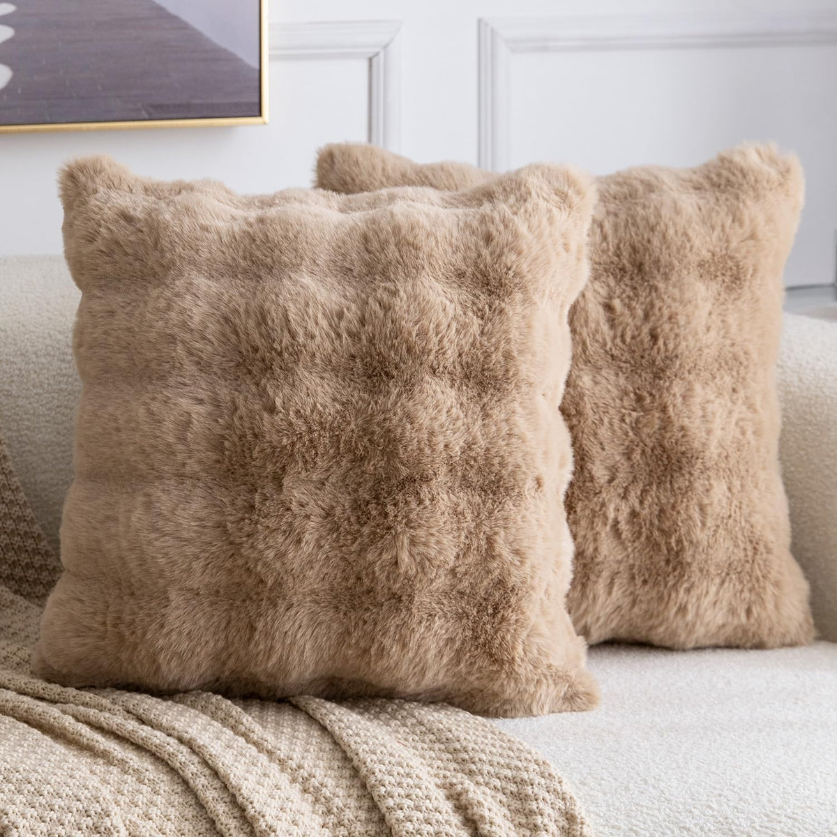 Madizz Pack of 2 Thick Plush Faux Wool Cushion Covers 45x45 cm Cream Soft Neutral Decorative Throw Pillow Covers Accent Boho Pillowcases for Couch Sofa Bedroom Pillow Shell