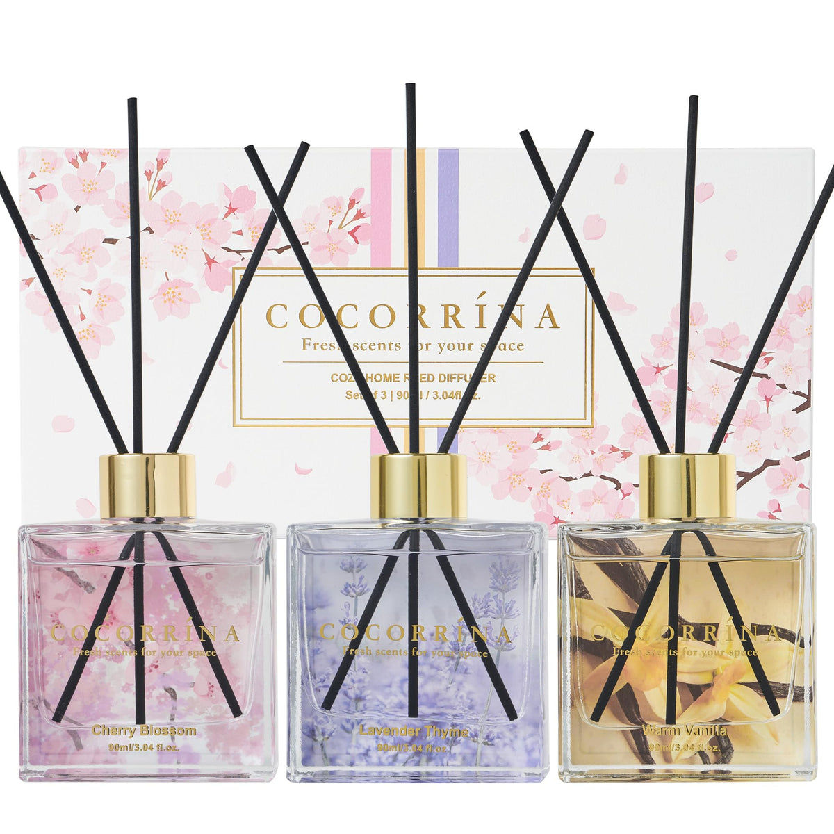 COCORRÍNA Reed Diffuser - 3 Pack/ 90ml with 24 Sticks Reed Diffuser for for House Bedroom Office Decor & Gifts Set (Cashmere Vanilla/Sandalwood Rose/Clean Linen)