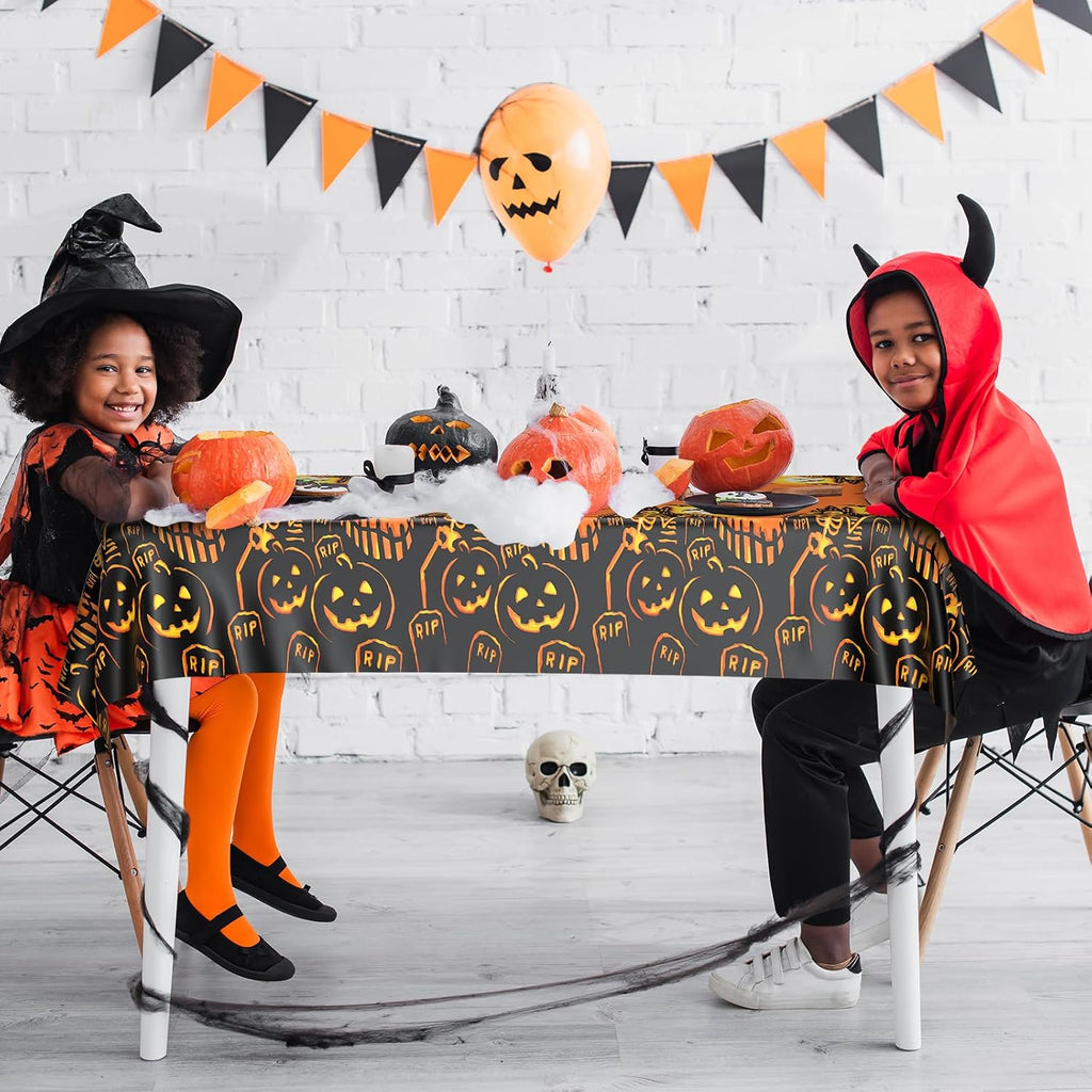 PLULON Halloween Tablecloth 137x 274cm Pumpkin Bat Skeleton Skull Plastic Table Cloth Happy Halloween Table Cover for Holiday Dinner Table Decorations Halloween Party Supplies