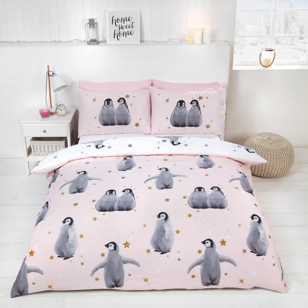 Rapport Home Starry Penguin Double Duvet Cover Set | Reversible Polycotton Bedding with 2 Pillowcases | Cute Pink Design for Kids, Teens & Adults (200x200cm)