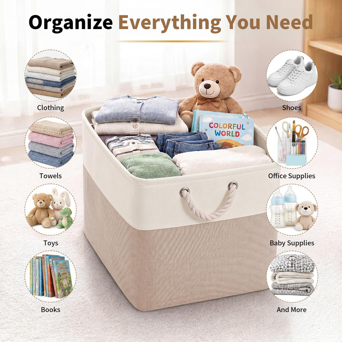 28 x 28 x 28 cm Cube Storage Boxes, 4 Pack Large Collapsible Fabric Storage Bin with Ropes, Foldable Storage Cubes for Home, Office,Closet, Clothes, Toys Organizer (White & Grey)