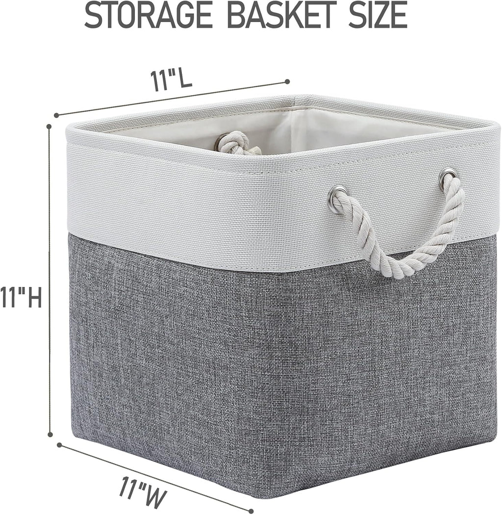 28 x 28 x 28 cm Cube Storage Boxes, 4 Pack Large Collapsible Fabric Storage Bin with Ropes, Foldable Storage Cubes for Home, Office,Closet, Clothes, Toys Organizer (White & Grey)