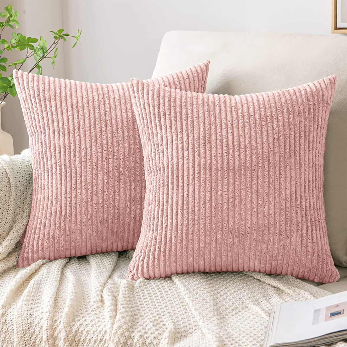Set of 2 Corduroy Cushion Covers 40cm x 40cm,Soft Striped Square Pillow Case,Cushion Case with Invisible Zipper,Home Boho Decor Pillow Cases for Couch Sofa Bedroom,Living Room-Sage Green