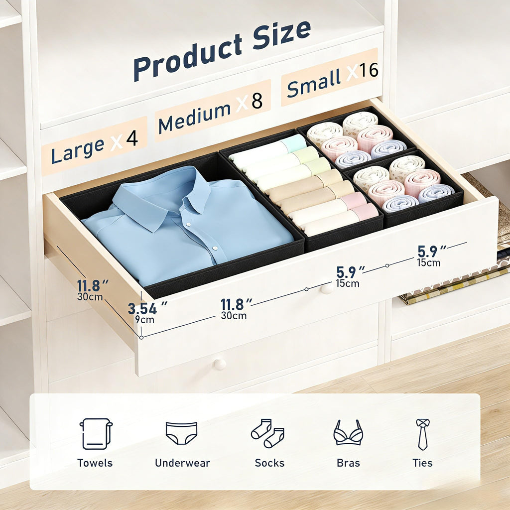 DIMJ 12 Pack Drawer Organisers Foldable Storage Box Fabric Drawer Dividers Wardrobe Storage Organiser Storage Cubes for Bras, Socks, Underwear, Ties, Scarves, Cosmetics