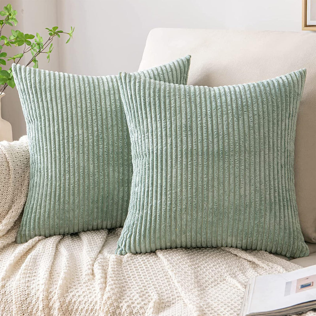 Set of 2 Corduroy Cushion Covers 40cm x 40cm,Soft Striped Square Pillow Case,Cushion Case with Invisible Zipper,Home Boho Decor Pillow Cases for Couch Sofa Bedroom,Living Room-Sage Green