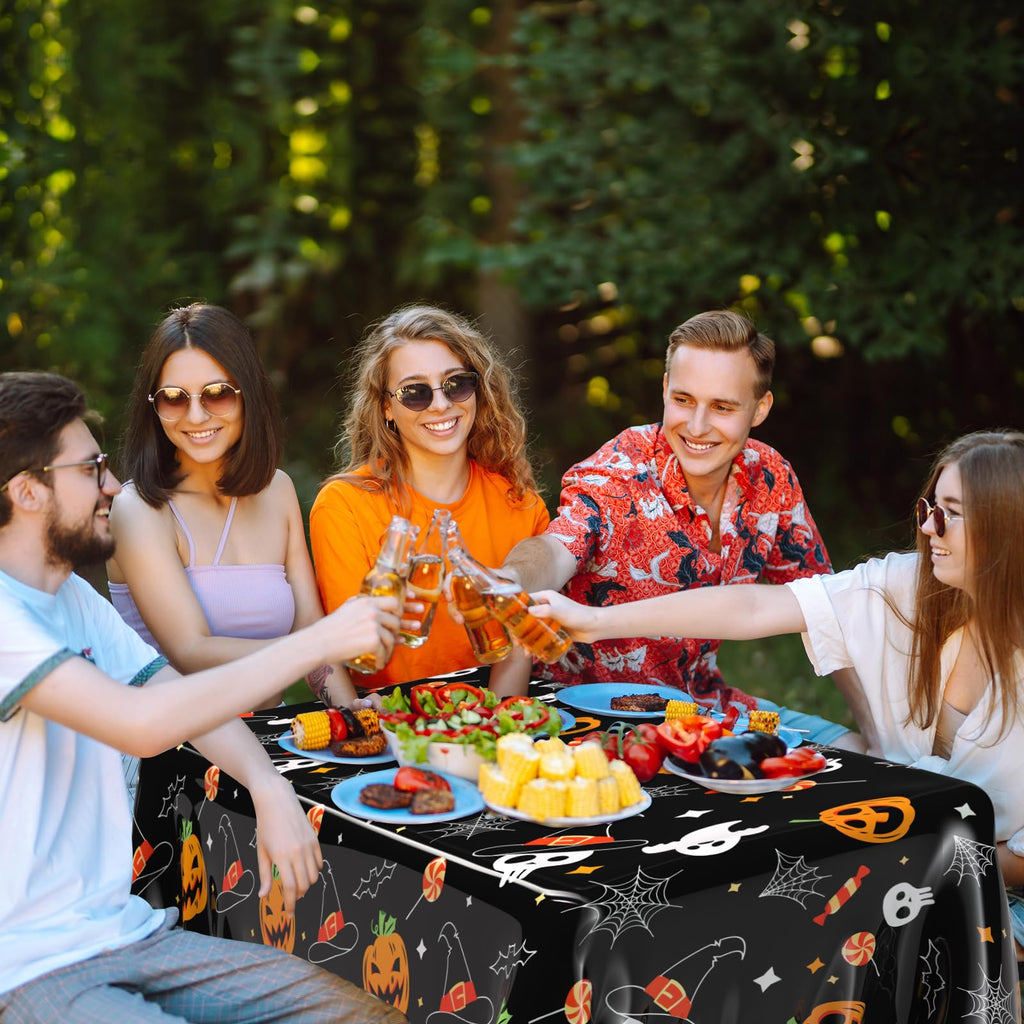 PLULON Halloween Tablecloth 137x 274cm Pumpkin Bat Skeleton Skull Plastic Table Cloth Happy Halloween Table Cover for Holiday Dinner Table Decorations Halloween Party Supplies
