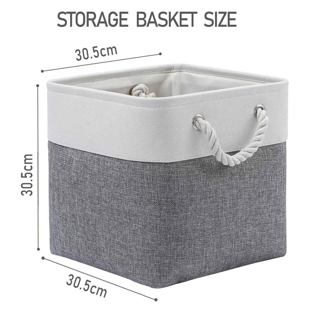 28 x 28 x 28 cm Cube Storage Boxes, 4 Pack Large Collapsible Fabric Storage Bin with Ropes, Foldable Storage Cubes for Home, Office,Closet, Clothes, Toys Organizer (White & Grey)