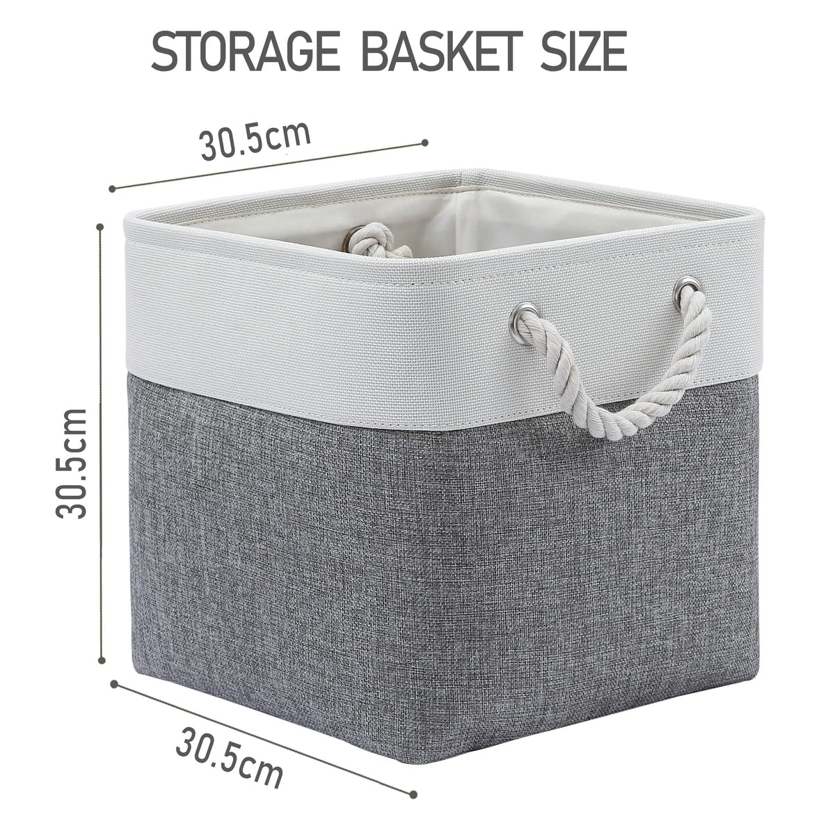 28 x 28 x 28 cm Cube Storage Boxes, 4 Pack Large Collapsible Fabric Storage Bin with Ropes, Foldable Storage Cubes for Home, Office,Closet, Clothes, Toys Organizer (White & Grey)