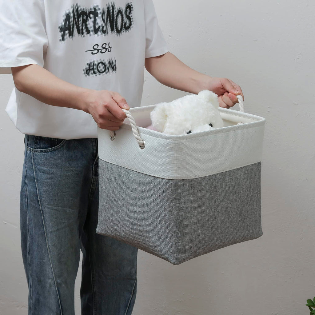 28 x 28 x 28 cm Cube Storage Boxes, 4 Pack Large Collapsible Fabric Storage Bin with Ropes, Foldable Storage Cubes for Home, Office,Closet, Clothes, Toys Organizer (White & Grey)