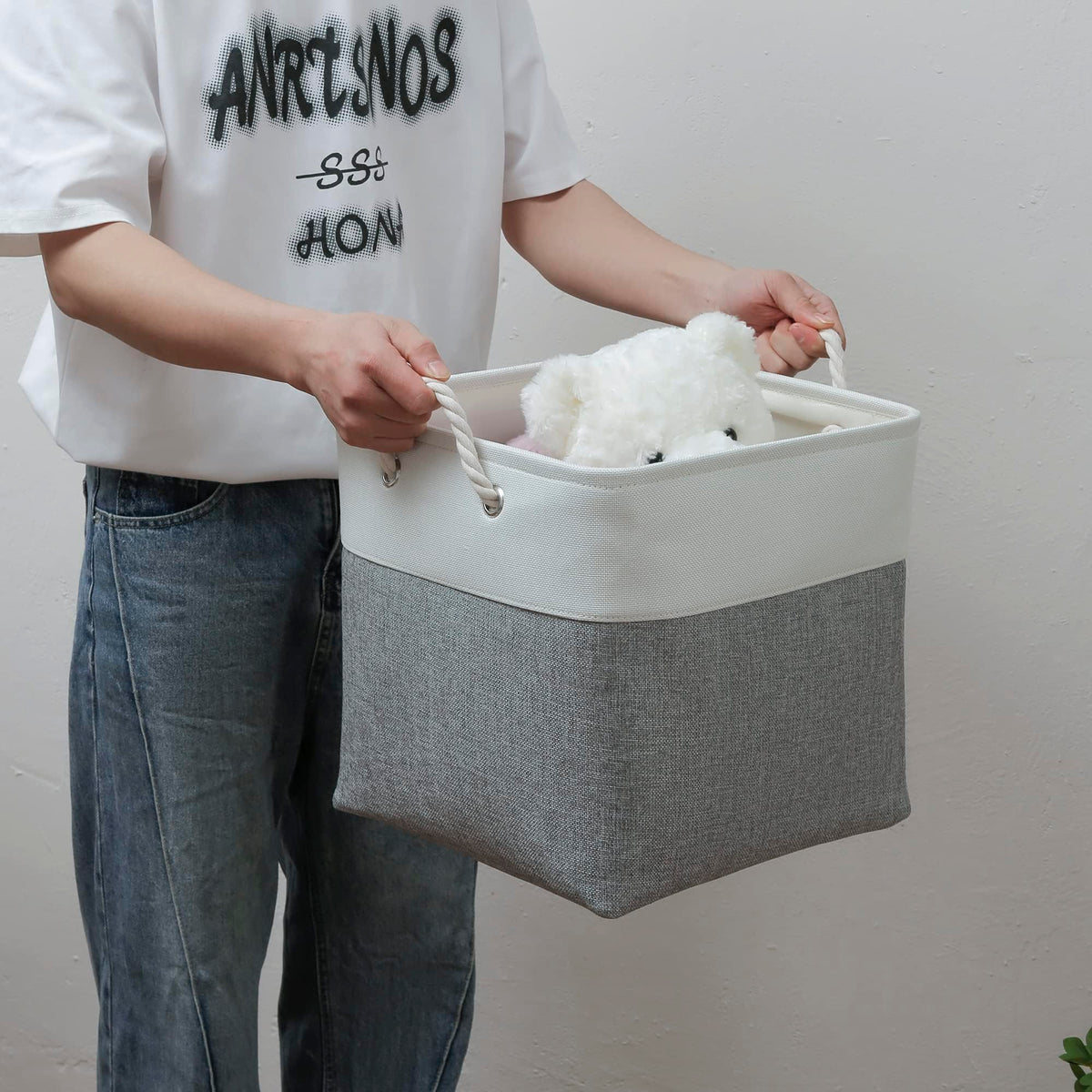 28 x 28 x 28 cm Cube Storage Boxes, 4 Pack Large Collapsible Fabric Storage Bin with Ropes, Foldable Storage Cubes for Home, Office,Closet, Clothes, Toys Organizer (White & Grey)