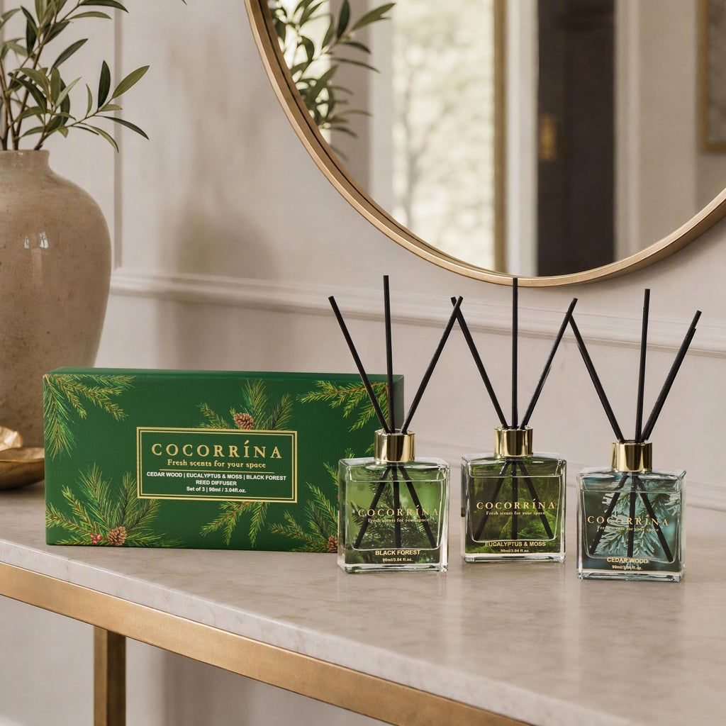 COCORRÍNA Reed Diffuser - 3 Pack/ 90ml with 24 Sticks Reed Diffuser for for House Bedroom Office Decor & Gifts Set (Cashmere Vanilla/Sandalwood Rose/Clean Linen)