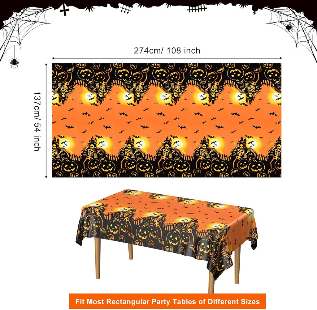 PLULON Halloween Tablecloth 137x 274cm Pumpkin Bat Skeleton Skull Plastic Table Cloth Happy Halloween Table Cover for Holiday Dinner Table Decorations Halloween Party Supplies