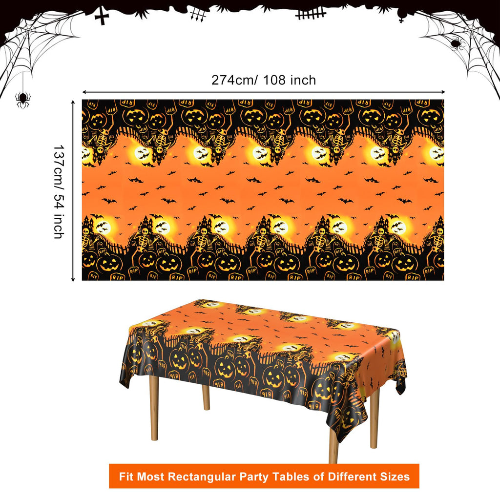 PLULON Halloween Tablecloth 137x 274cm Pumpkin Bat Skeleton Skull Plastic Table Cloth Happy Halloween Table Cover for Holiday Dinner Table Decorations Halloween Party Supplies