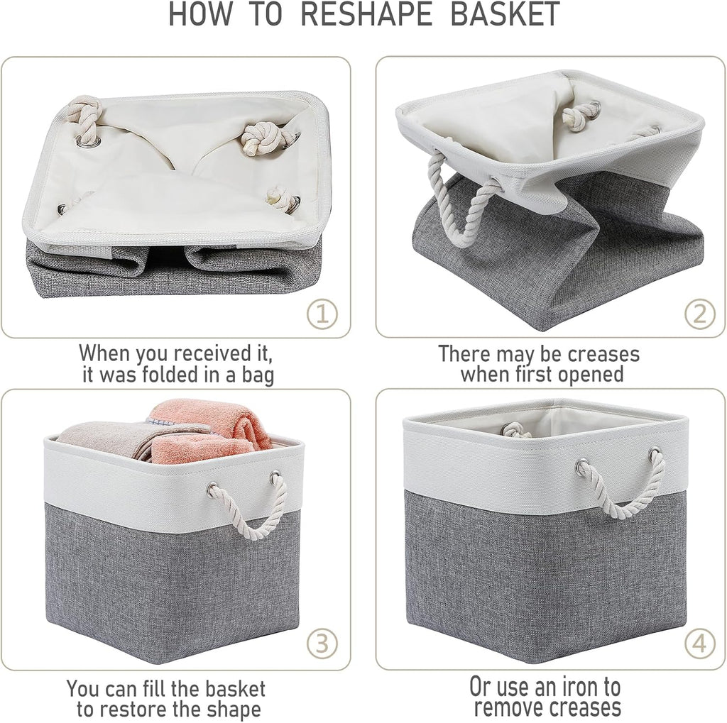28 x 28 x 28 cm Cube Storage Boxes, 4 Pack Large Collapsible Fabric Storage Bin with Ropes, Foldable Storage Cubes for Home, Office,Closet, Clothes, Toys Organizer (White & Grey)