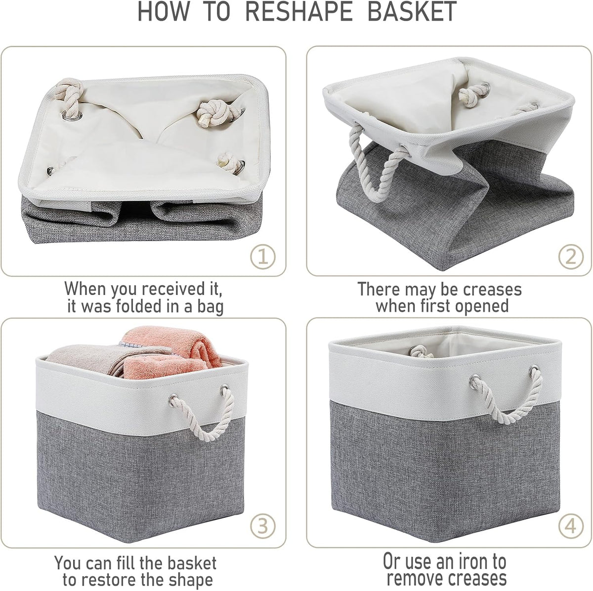 28 x 28 x 28 cm Cube Storage Boxes, 4 Pack Large Collapsible Fabric Storage Bin with Ropes, Foldable Storage Cubes for Home, Office,Closet, Clothes, Toys Organizer (White & Grey)