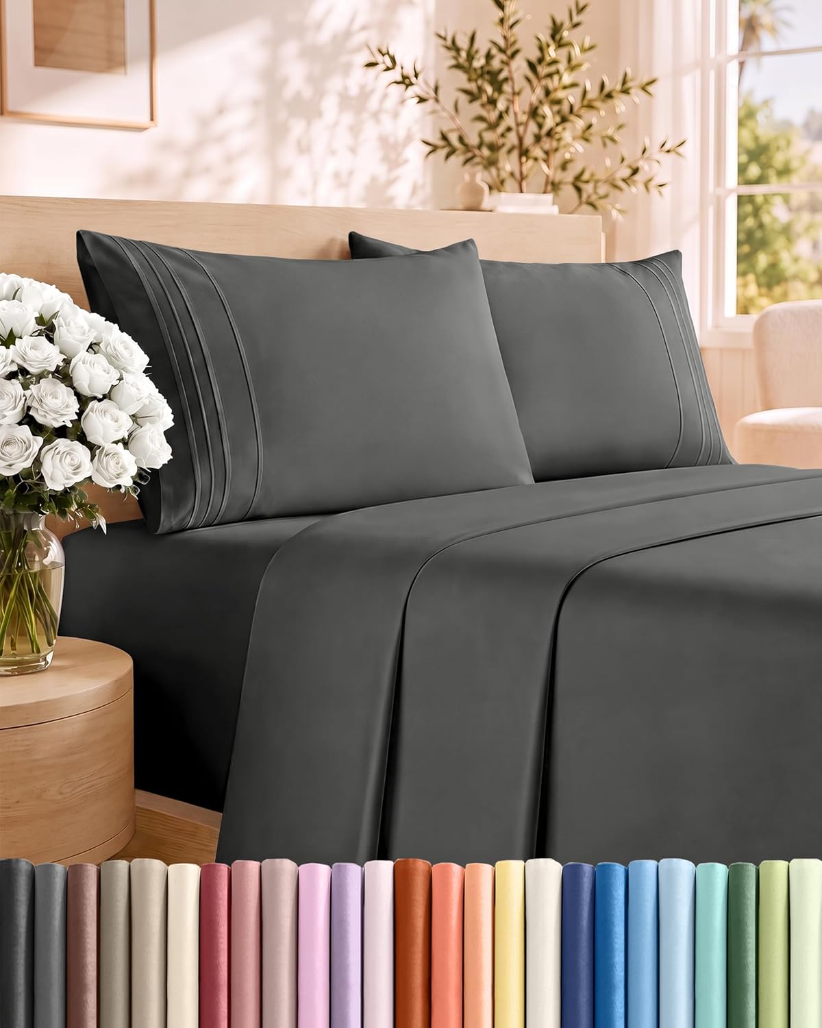 Queen Size 4 Piece Sheet Set - Breathable & Cooling Sheets - Dark Grey
