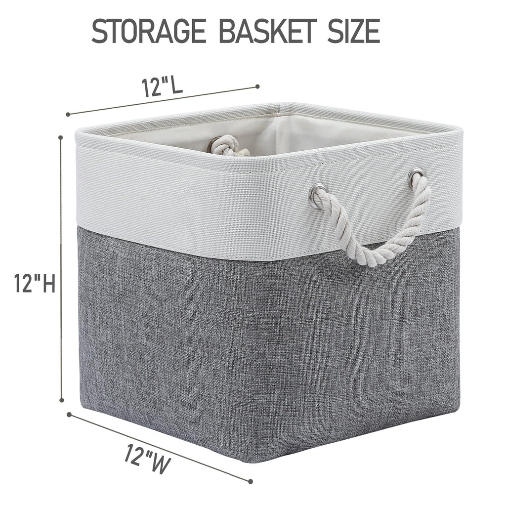 28 x 28 x 28 cm Cube Storage Boxes, 4 Pack Large Collapsible Fabric Storage Bin with Ropes, Foldable Storage Cubes for Home, Office,Closet, Clothes, Toys Organizer (White & Grey)