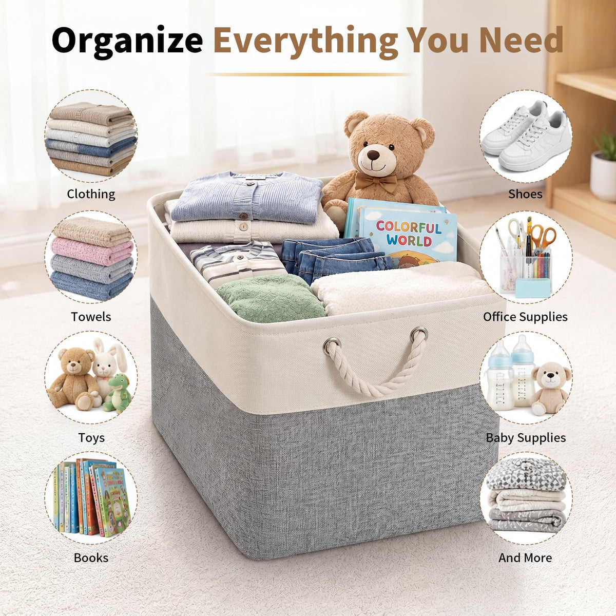 28 x 28 x 28 cm Cube Storage Boxes, 4 Pack Large Collapsible Fabric Storage Bin with Ropes, Foldable Storage Cubes for Home, Office,Closet, Clothes, Toys Organizer (White & Grey)