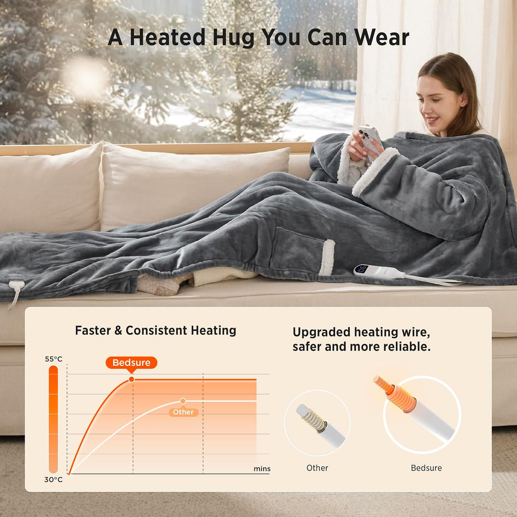 Bedsure Fleece Wearable Heated Blanket - Electric Throw, 127 x 180 cm, Grey