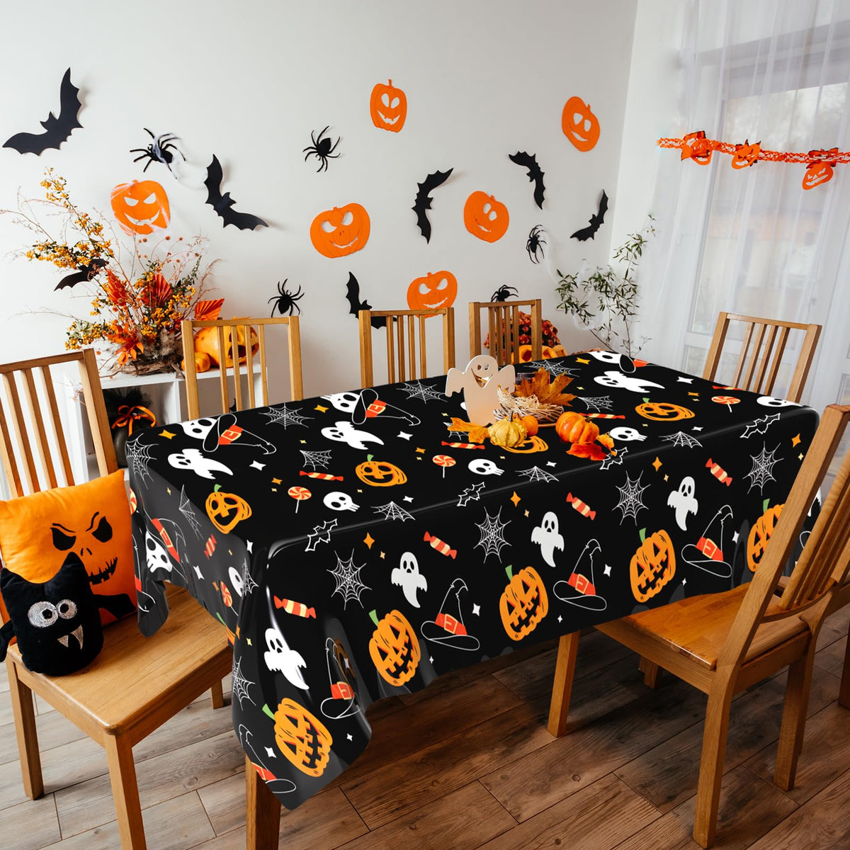 PLULON Halloween Tablecloth 137x 274cm Pumpkin Bat Skeleton Skull Plastic Table Cloth Happy Halloween Table Cover for Holiday Dinner Table Decorations Halloween Party Supplies