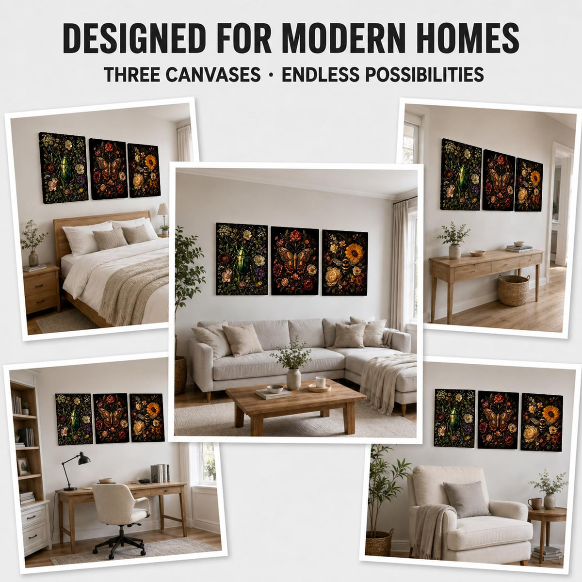 Soft Beige Floral Canvas Prints, Set of 3 Framed 12 x 16 Inch Wall Art