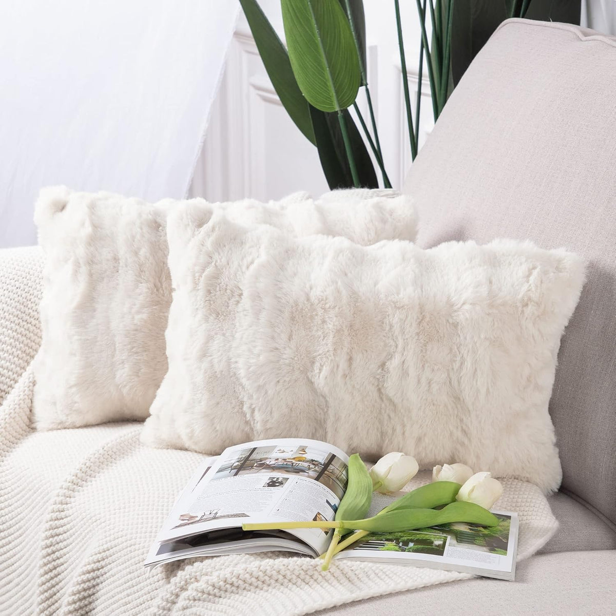 Madizz Pack of 2 Thick Plush Faux Wool Cushion Covers 45x45 cm Cream Soft Neutral Decorative Throw Pillow Covers Accent Boho Pillowcases for Couch Sofa Bedroom Pillow Shell