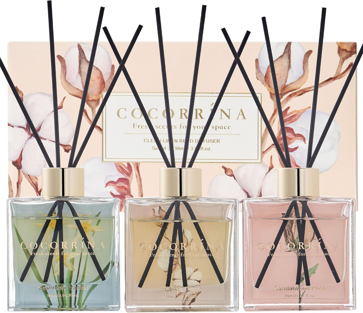 COCORRÍNA Reed Diffuser - 3 Pack/ 90ml with 24 Sticks Reed Diffuser for for House Bedroom Office Decor & Gifts Set (Cashmere Vanilla/Sandalwood Rose/Clean Linen)