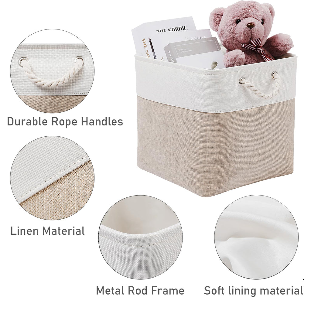 28 x 28 x 28 cm Cube Storage Boxes, 4 Pack Large Collapsible Fabric Storage Bin with Ropes, Foldable Storage Cubes for Home, Office,Closet, Clothes, Toys Organizer (White & Grey)