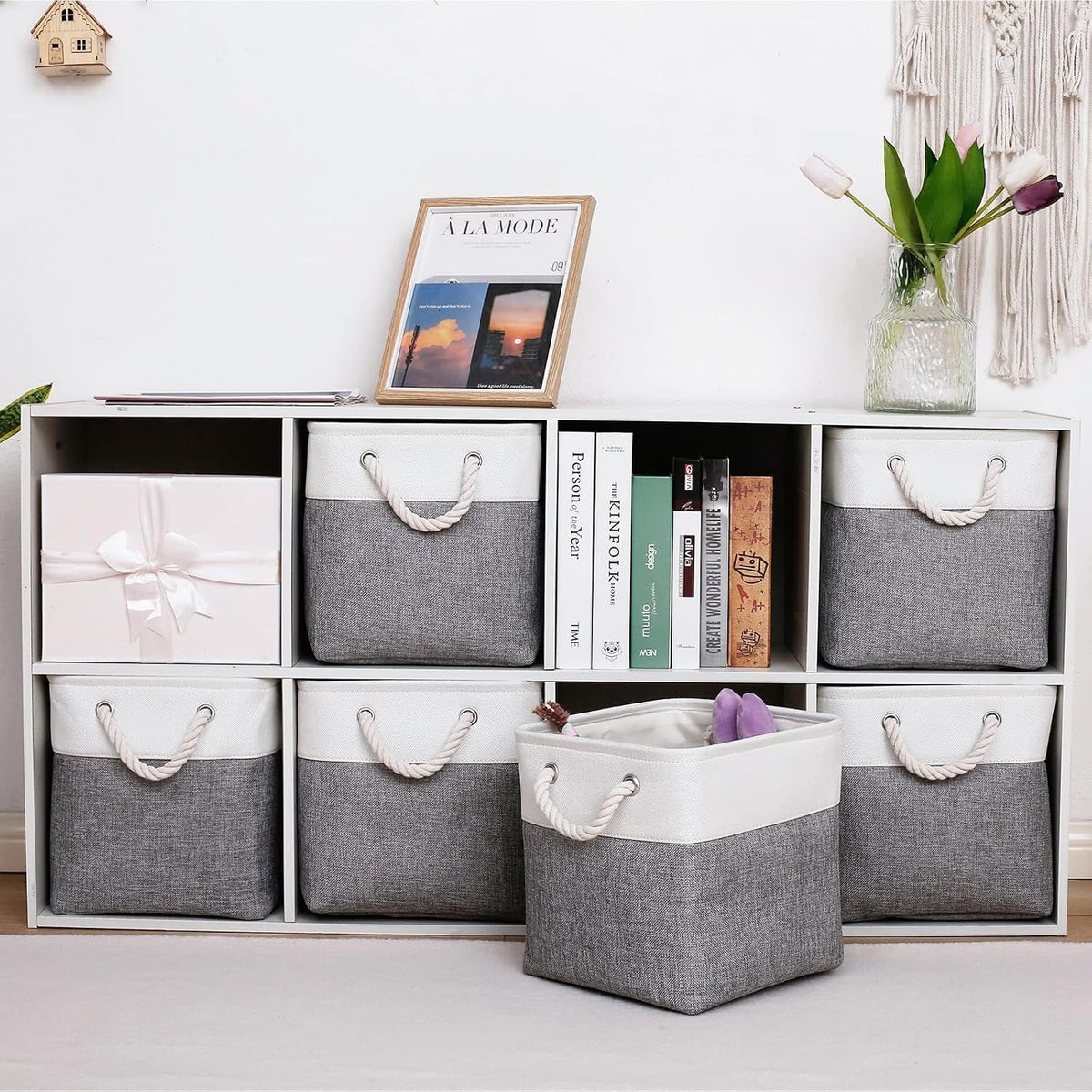 28 x 28 x 28 cm Cube Storage Boxes, 4 Pack Large Collapsible Fabric Storage Bin with Ropes, Foldable Storage Cubes for Home, Office,Closet, Clothes, Toys Organizer (White & Grey)