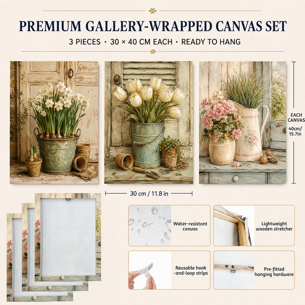Soft Beige Floral Canvas Prints, Set of 3 Framed 12 x 16 Inch Wall Art