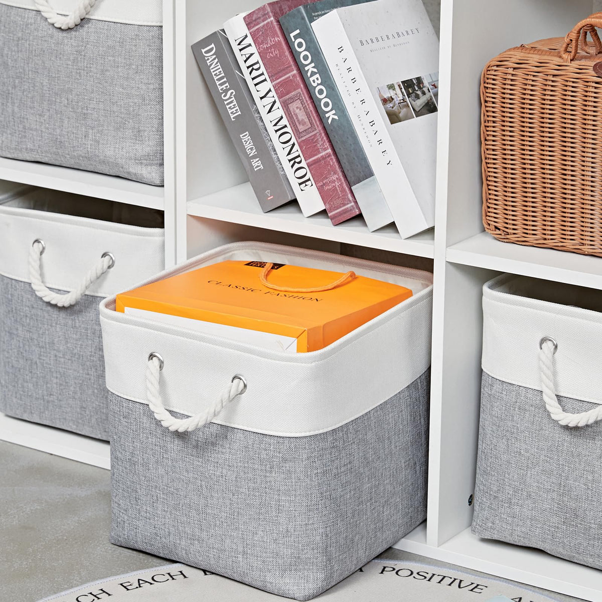 28 x 28 x 28 cm Cube Storage Boxes, 4 Pack Large Collapsible Fabric Storage Bin with Ropes, Foldable Storage Cubes for Home, Office,Closet, Clothes, Toys Organizer (White & Grey)