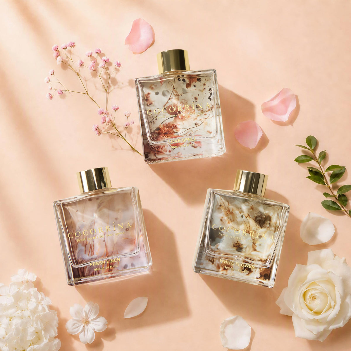 COCORRÍNA Reed Diffuser - 3 Pack/ 90ml with 24 Sticks Reed Diffuser for for House Bedroom Office Decor & Gifts Set (Cashmere Vanilla/Sandalwood Rose/Clean Linen)
