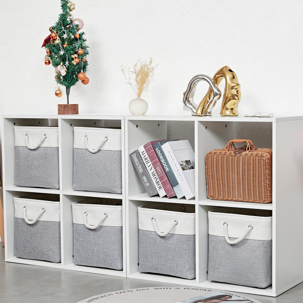 28 x 28 x 28 cm Cube Storage Boxes, 4 Pack Large Collapsible Fabric Storage Bin with Ropes, Foldable Storage Cubes for Home, Office,Closet, Clothes, Toys Organizer (White & Grey)