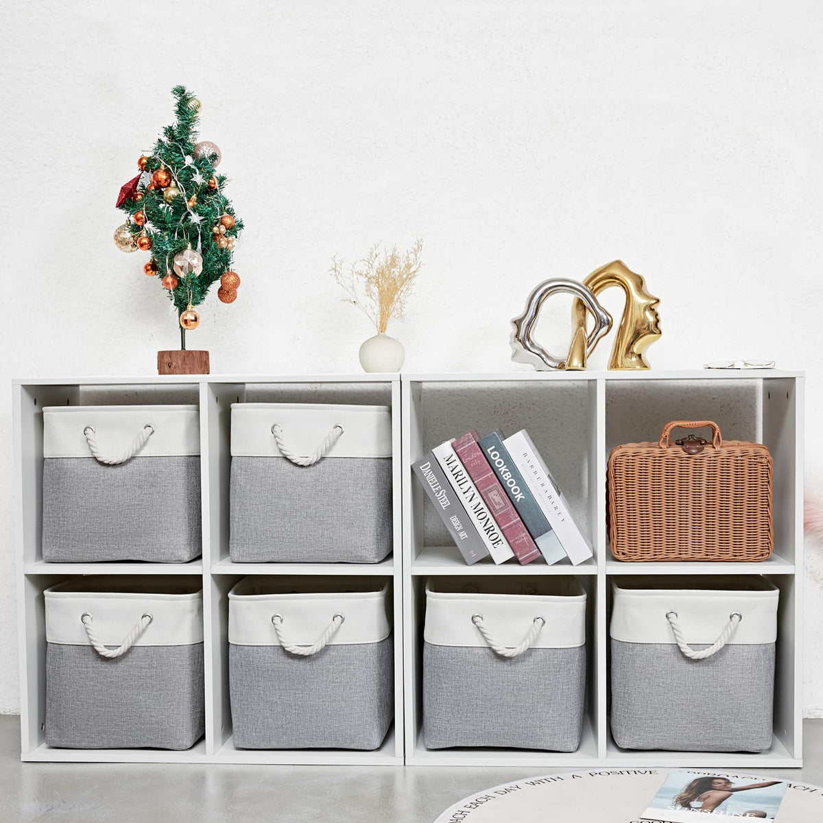 28 x 28 x 28 cm Cube Storage Boxes, 4 Pack Large Collapsible Fabric Storage Bin with Ropes, Foldable Storage Cubes for Home, Office,Closet, Clothes, Toys Organizer (White & Grey)