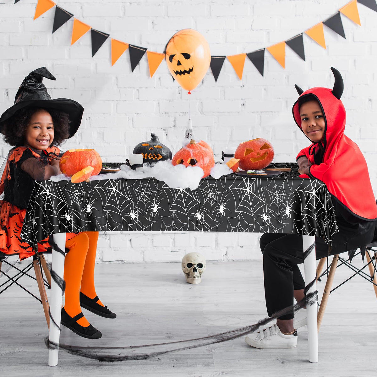 PLULON Halloween Tablecloth 137x 274cm Pumpkin Bat Skeleton Skull Plastic Table Cloth Happy Halloween Table Cover for Holiday Dinner Table Decorations Halloween Party Supplies