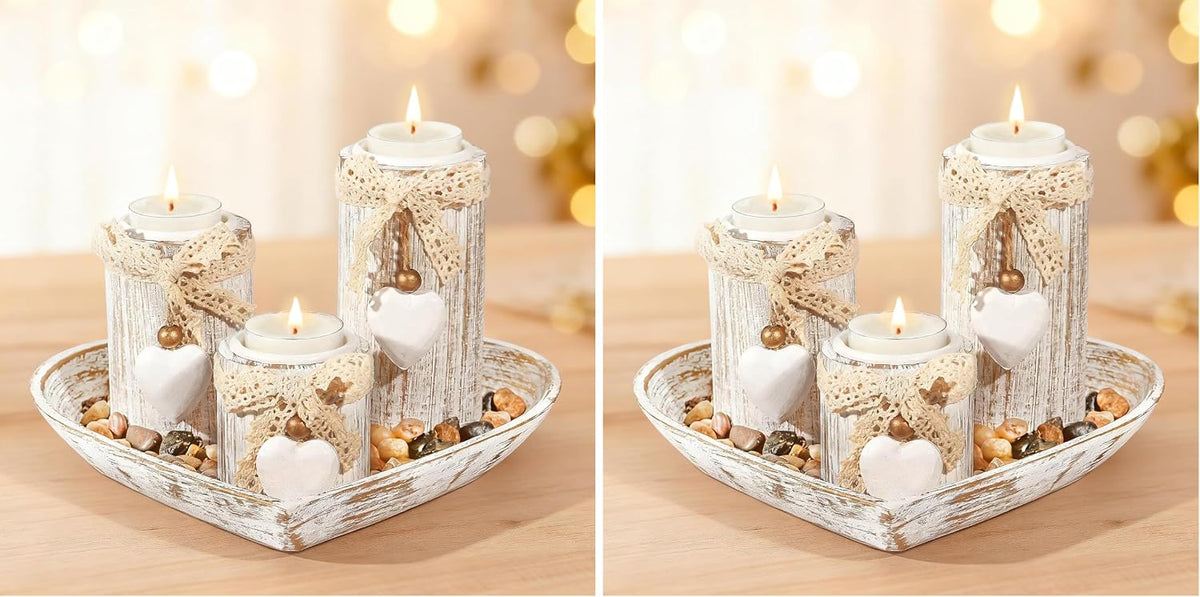 GoMaihe Candle Holder Set of 4 with Wodden Tray, Tealight Holders Candlestick Holder, Table Centerpiece Home Decor Living Room Bedroom Decoration Mum Gift Birthday Wedding Christmas Party Ornaments
