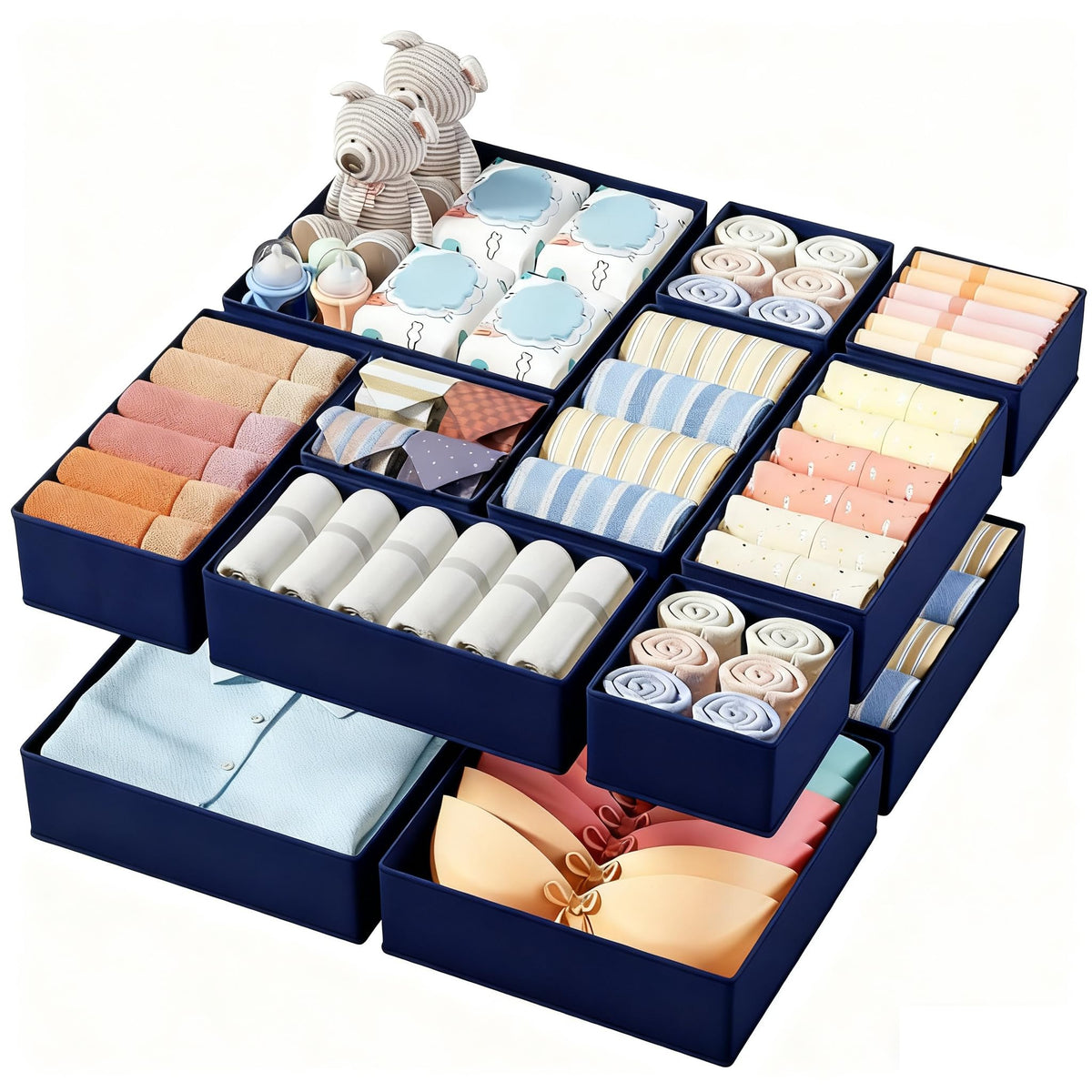 DIMJ 12 Pack Drawer Organisers Foldable Storage Box Fabric Drawer Dividers Wardrobe Storage Organiser Storage Cubes for Bras, Socks, Underwear, Ties, Scarves, Cosmetics
