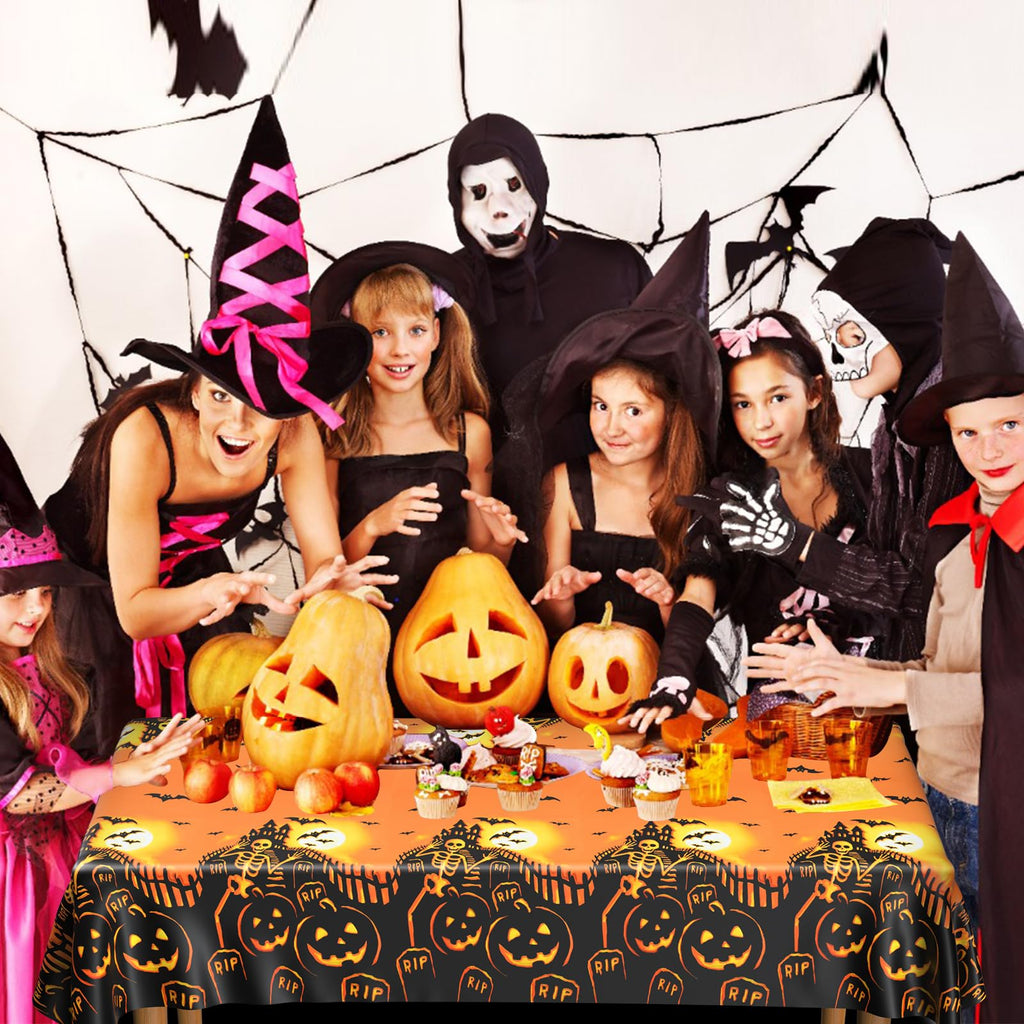 PLULON Halloween Tablecloth 137x 274cm Pumpkin Bat Skeleton Skull Plastic Table Cloth Happy Halloween Table Cover for Holiday Dinner Table Decorations Halloween Party Supplies