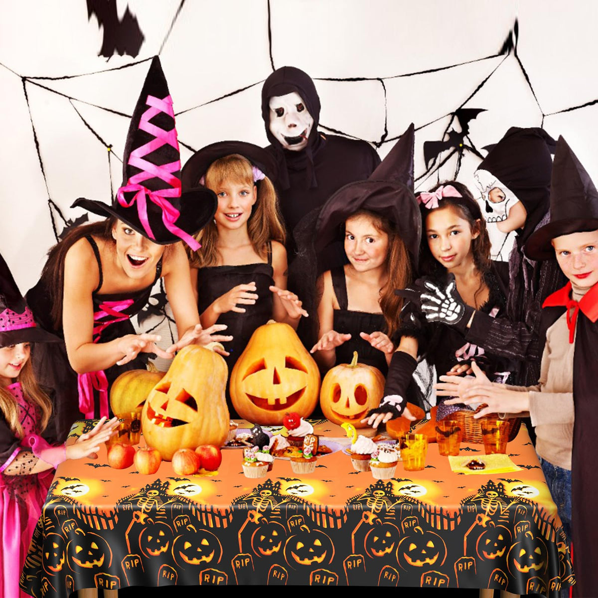 PLULON Halloween Tablecloth 137x 274cm Pumpkin Bat Skeleton Skull Plastic Table Cloth Happy Halloween Table Cover for Holiday Dinner Table Decorations Halloween Party Supplies
