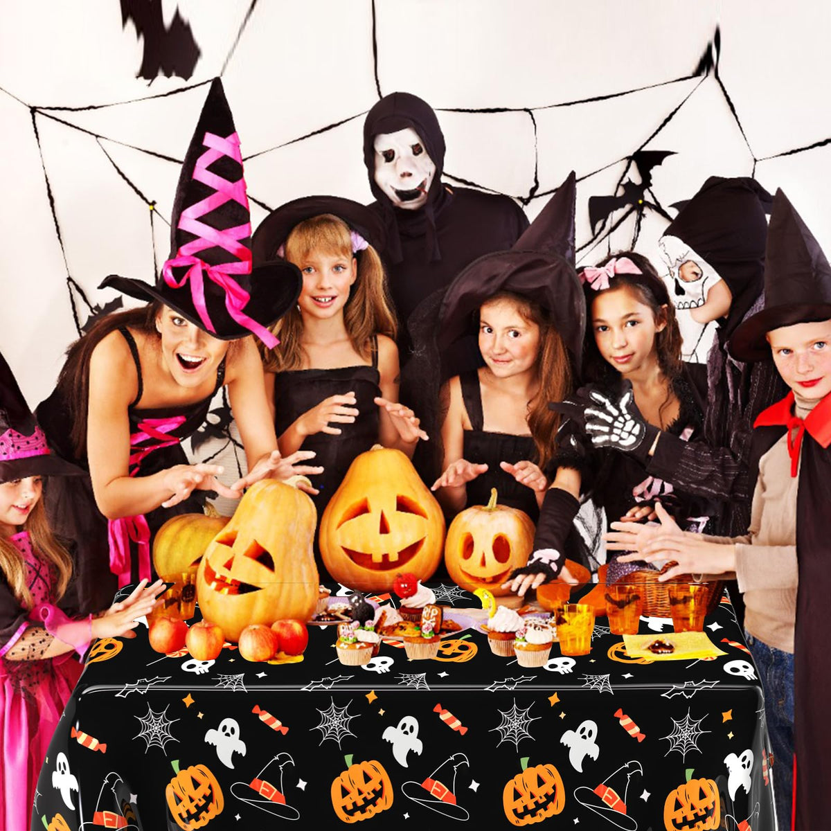 PLULON Halloween Tablecloth 137x 274cm Pumpkin Bat Skeleton Skull Plastic Table Cloth Happy Halloween Table Cover for Holiday Dinner Table Decorations Halloween Party Supplies