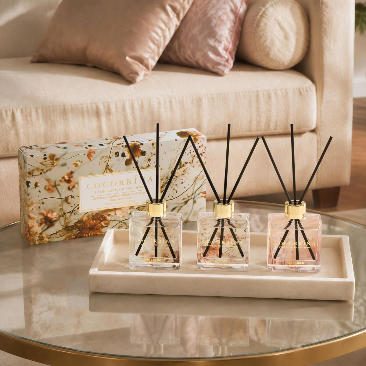 COCORRÍNA Reed Diffuser - 3 Pack/ 90ml with 24 Sticks Reed Diffuser for for House Bedroom Office Decor & Gifts Set (Cashmere Vanilla/Sandalwood Rose/Clean Linen)