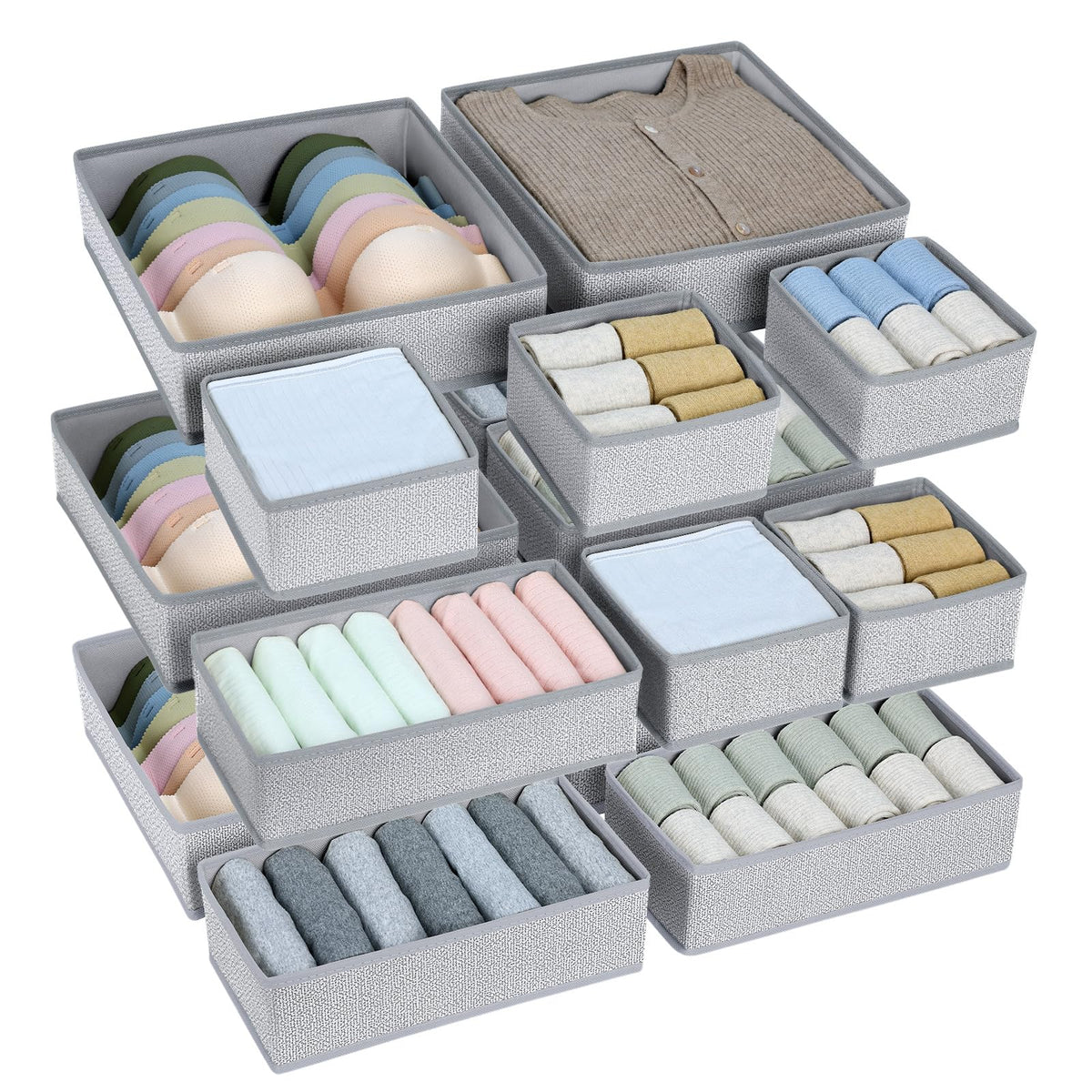 DIMJ 12 Pack Drawer Organisers Foldable Storage Box Fabric Drawer Dividers Wardrobe Storage Organiser Storage Cubes for Bras, Socks, Underwear, Ties, Scarves, Cosmetics