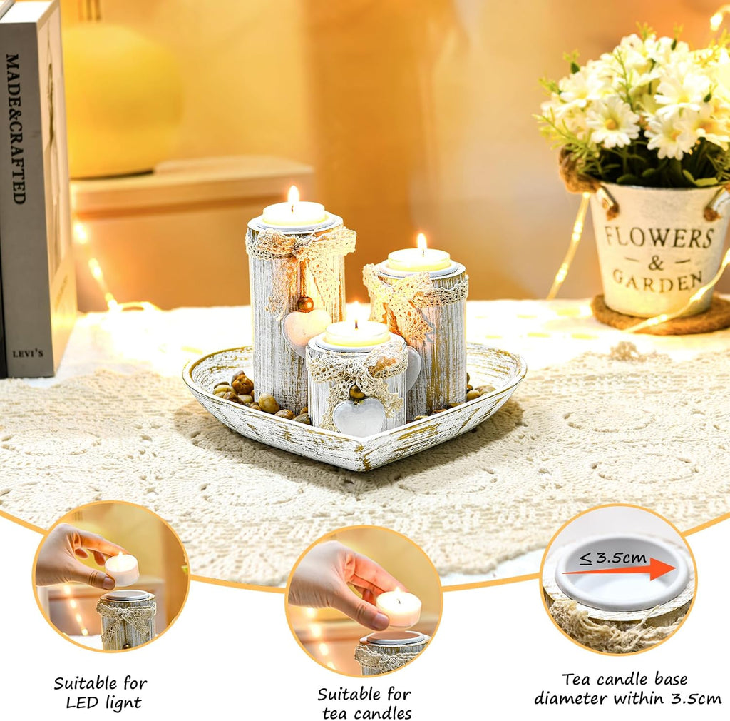 GoMaihe Candle Holder Set of 4 with Wodden Tray, Tealight Holders Candlestick Holder, Table Centerpiece Home Decor Living Room Bedroom Decoration Mum Gift Birthday Wedding Christmas Party Ornaments
