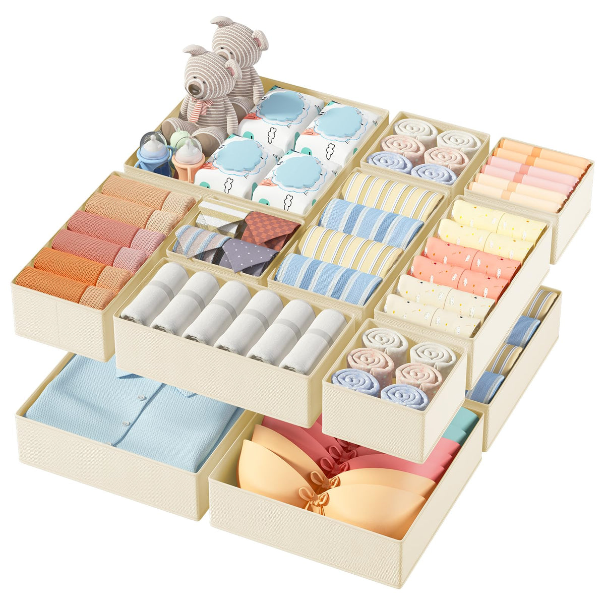 DIMJ 12 Pack Drawer Organisers Foldable Storage Box Fabric Drawer Dividers Wardrobe Storage Organiser Storage Cubes for Bras, Socks, Underwear, Ties, Scarves, Cosmetics