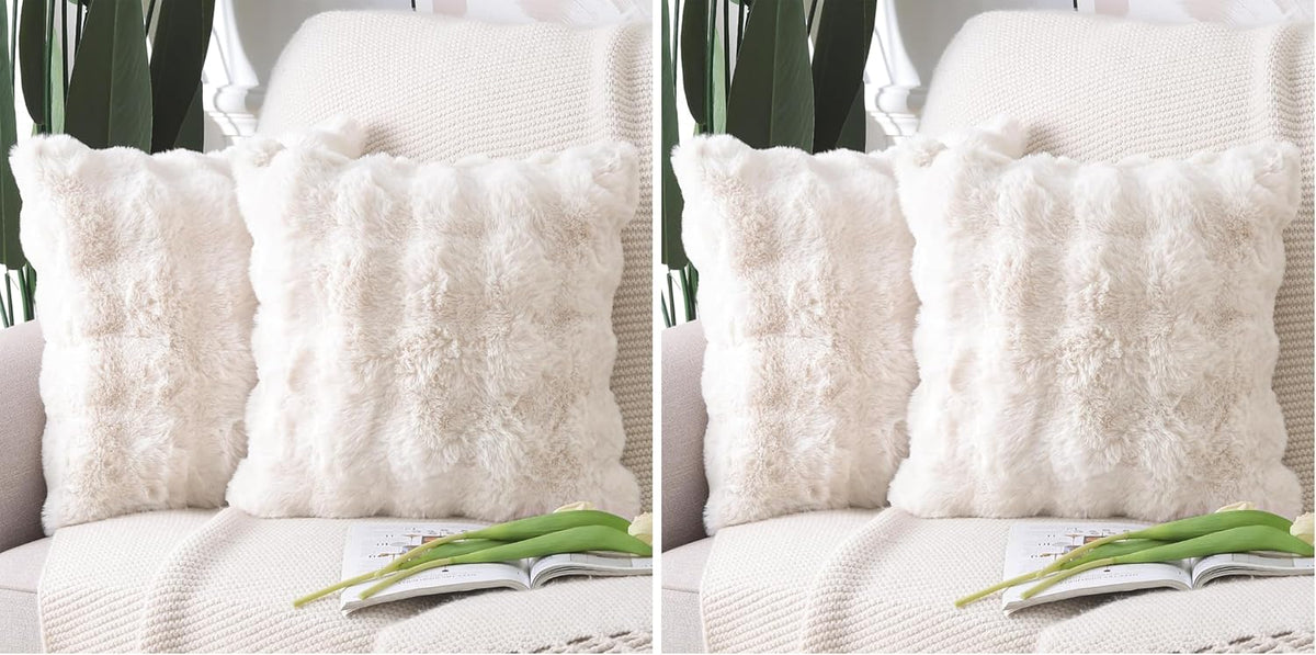 Madizz Pack of 2 Thick Plush Faux Wool Cushion Covers 45x45 cm Cream Soft Neutral Decorative Throw Pillow Covers Accent Boho Pillowcases for Couch Sofa Bedroom Pillow Shell