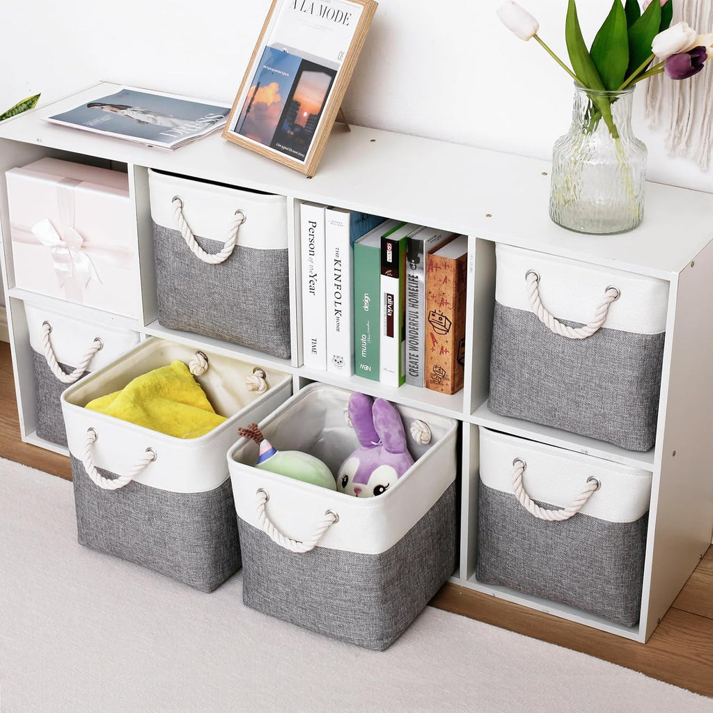 28 x 28 x 28 cm Cube Storage Boxes, 4 Pack Large Collapsible Fabric Storage Bin with Ropes, Foldable Storage Cubes for Home, Office,Closet, Clothes, Toys Organizer (White & Grey)